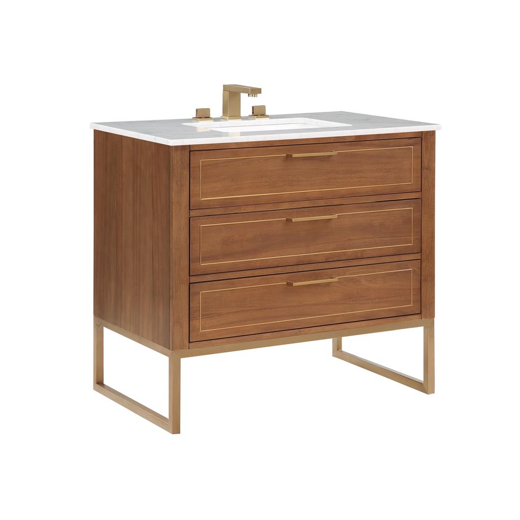 Bemma, Markham 36" Single Vanity, Walnut/Satin Brass, Carrara Marble Top#top-options_carrara-marble-top
