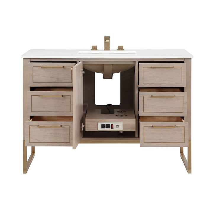 Bemma, Markham 48" Single Vanity, Cashmere Grey/Satin Brass, White, White Quartz Top#top-options_white-white-quartz-top