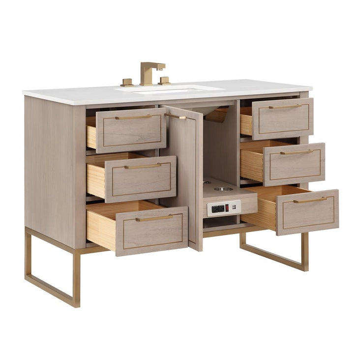 Bemma, Markham 48" Single Vanity, Cashmere Grey/Satin Brass, White, White Quartz Top#top-options_white-white-quartz-top
