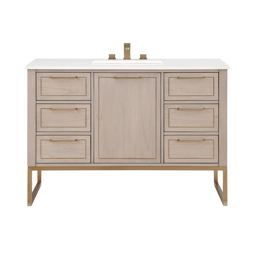 Bemma, Markham 48" Single Vanity, Cashmere Grey/Satin Brass, White, White Quartz Top#top-options_white-white-quartz-top