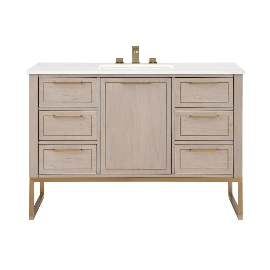 Bemma, Markham 48" Single Vanity, Cashmere Grey/Satin Brass, White, White Quartz Top#top-options_white-white-quartz-top