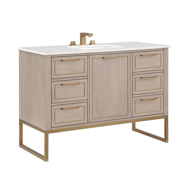 Bemma, Markham 48" Single Vanity, Cashmere Grey/Satin Brass, White, White Quartz Top#top-options_white-white-quartz-top