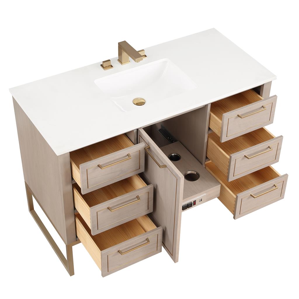 Bemma, Markham 48" Single Vanity, Cashmere Grey/Satin Brass, White, White Quartz Top#top-options_white-white-quartz-top