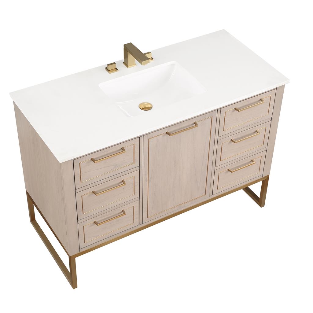 Bemma, Markham 48" Single Vanity, Cashmere Grey/Satin Brass, White, White Quartz Top#top-options_white-white-quartz-top