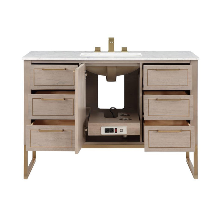 Bemma, Markham 48" Single Vanity, Cashmere Grey/Satin Brass, Carrara Marble Top#top-options_carrara-marble-top