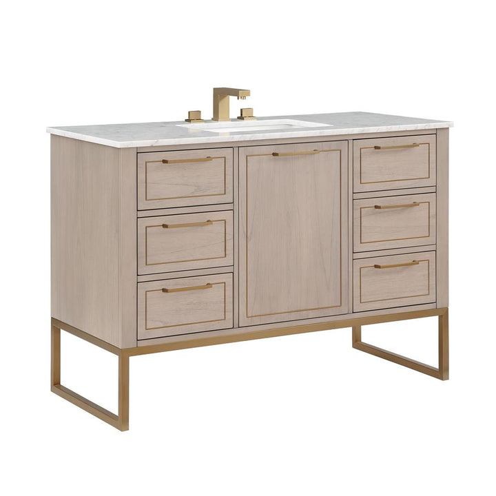 Bemma, Markham 48" Single Vanity, Cashmere Grey/Satin Brass, Carrara Marble Top#top-options_carrara-marble-top