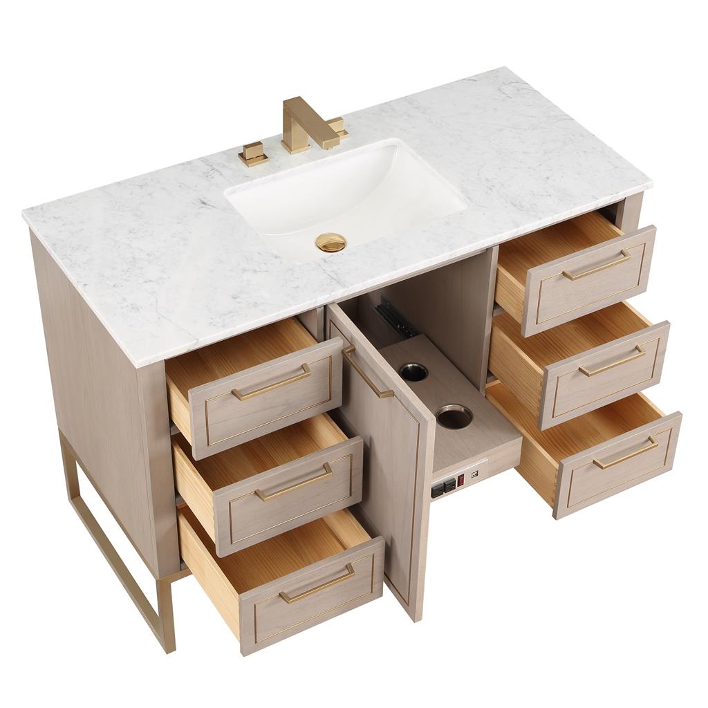Bemma, Markham 48" Single Vanity, Cashmere Grey/Satin Brass, Carrara Marble Top#top-options_carrara-marble-top