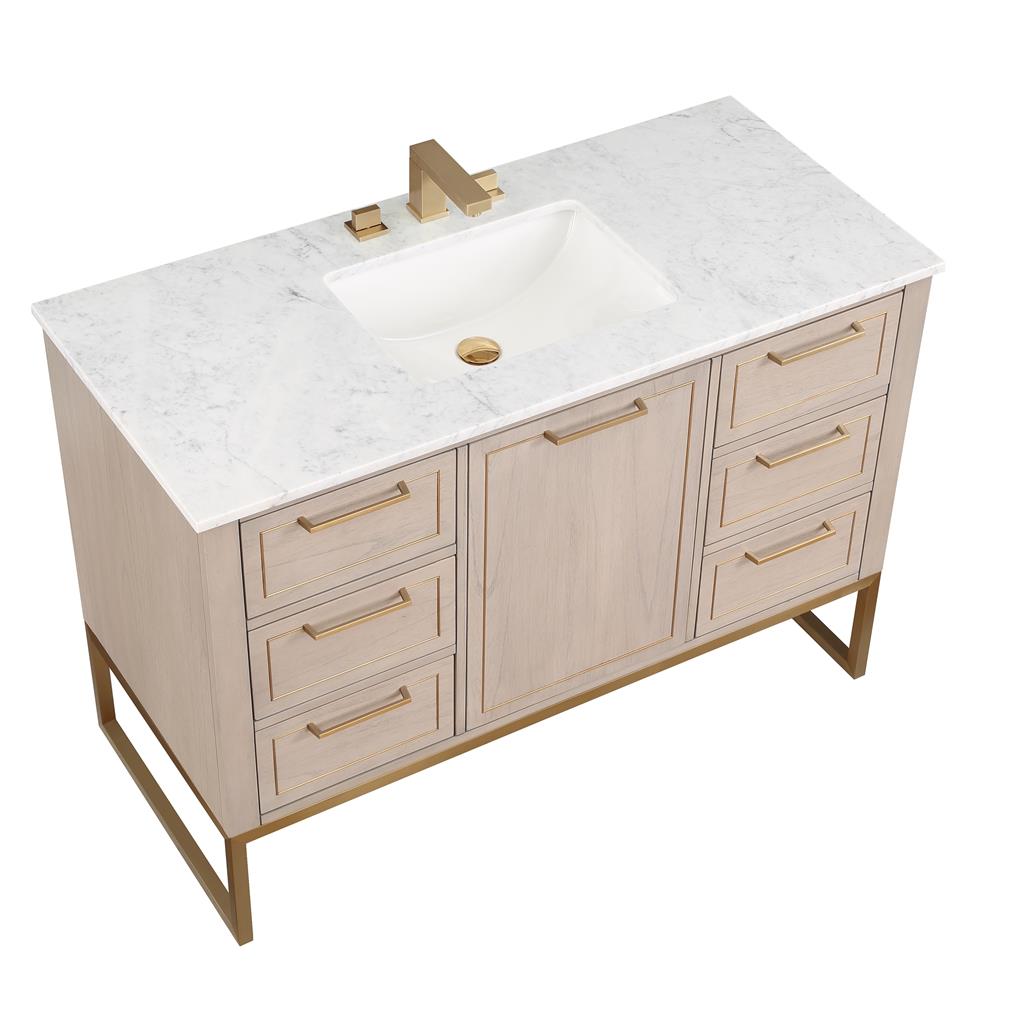 Bemma, Markham 48" Single Vanity, Cashmere Grey/Satin Brass, Carrara Marble Top#top-options_carrara-marble-top