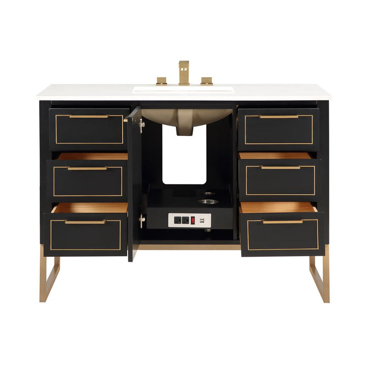 Bemma, Markham 48" Single Vanity, Midnight Black/Satin Brass, White Quartz Top#top-options_white-quartz-top