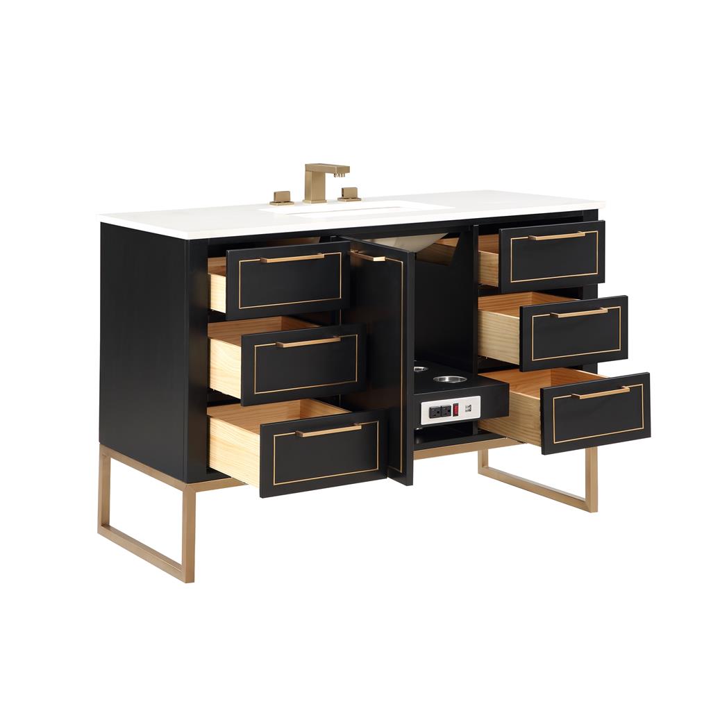 Bemma, Markham 48" Single Vanity, Midnight Black/Satin Brass, White Quartz Top#top-options_white-quartz-top