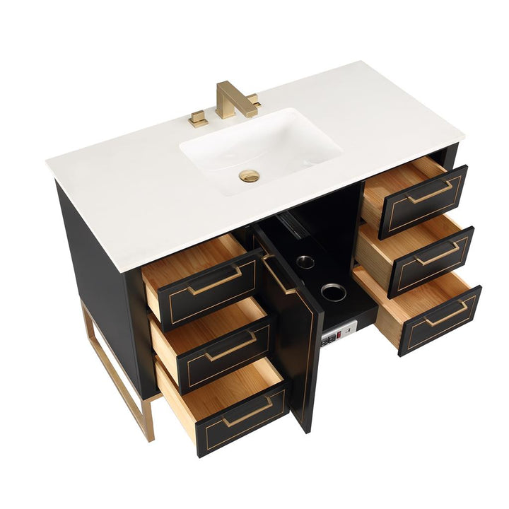 Bemma, Markham 48" Single Vanity, Midnight Black/Satin Brass, White Quartz Top#top-options_white-quartz-top