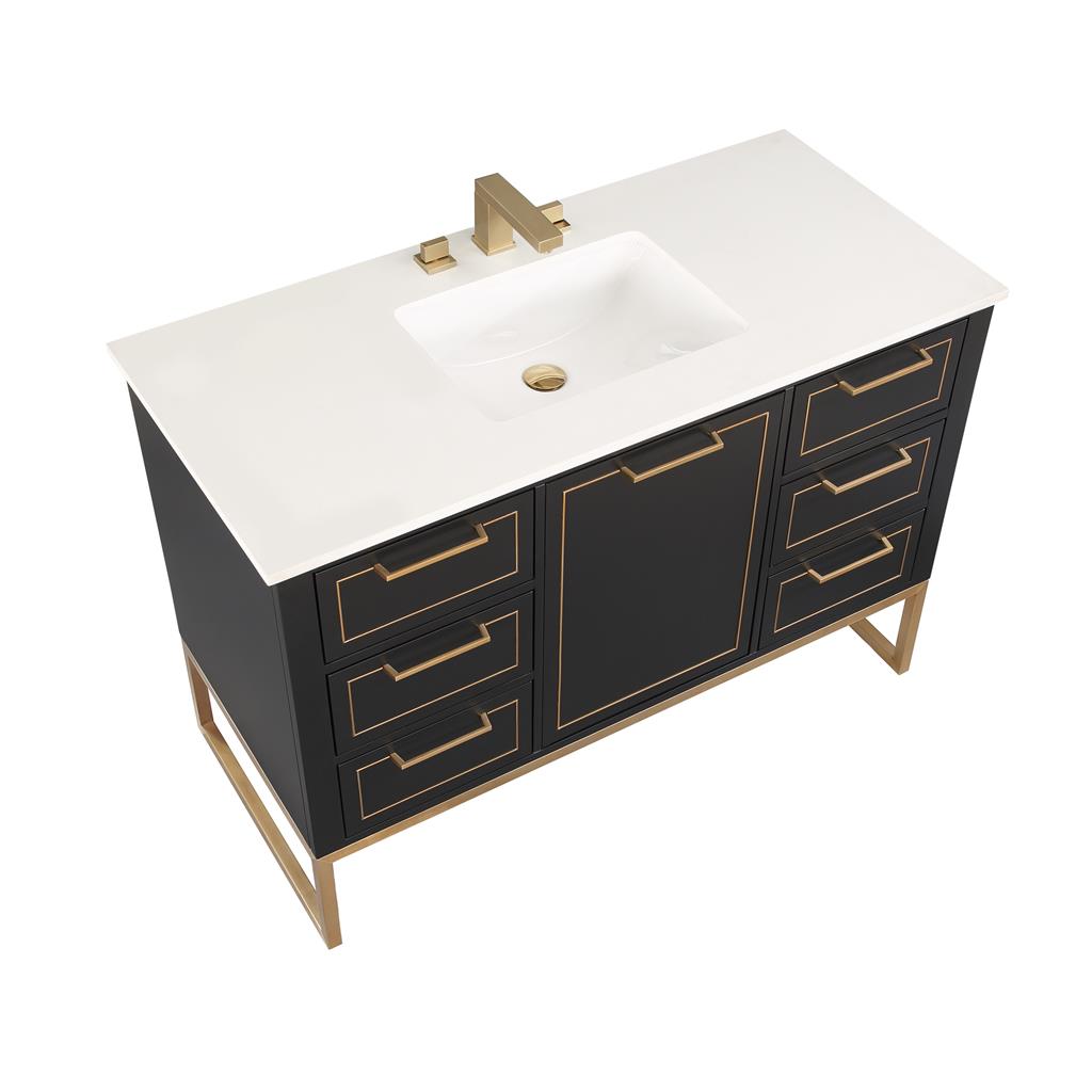 Bemma, Markham 48" Single Vanity, Midnight Black/Satin Brass, White Quartz Top#top-options_white-quartz-top