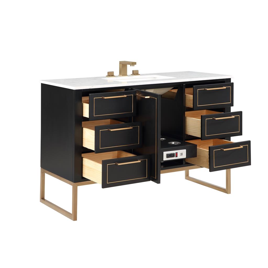 Bemma, Markham 48" Single Vanity, Midnight Black/Satin Brass, Carrara Marble Top#top-options_carrara-marble-top
