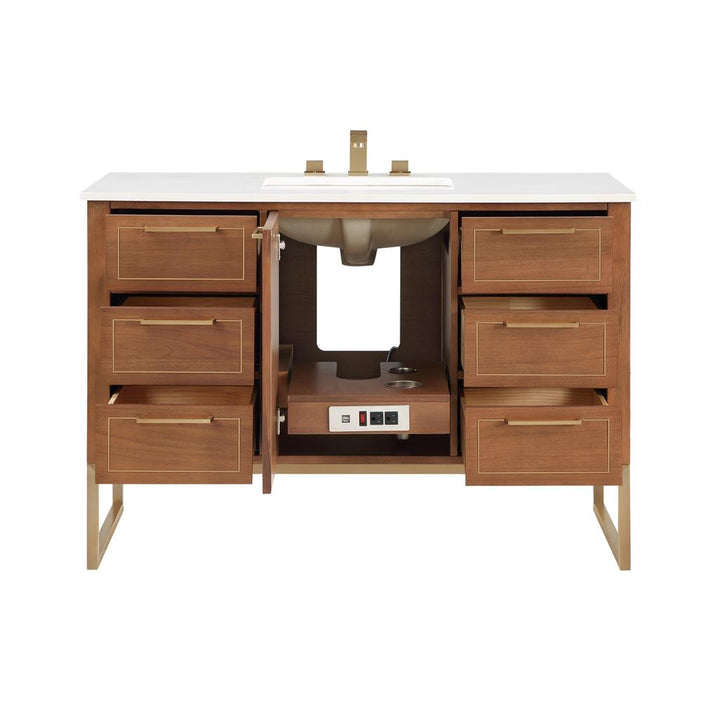 Bemma, Markham 48" Single Vanity, Walnut/Satin Brass, White Quartz Top#top-options_white-quartz-top