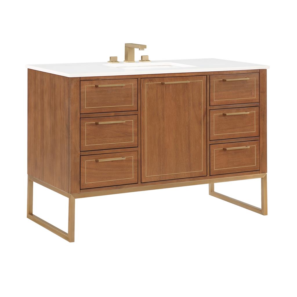 Bemma, Markham 48" Single Vanity, Walnut/Satin Brass, White Quartz Top#top-options_white-quartz-top