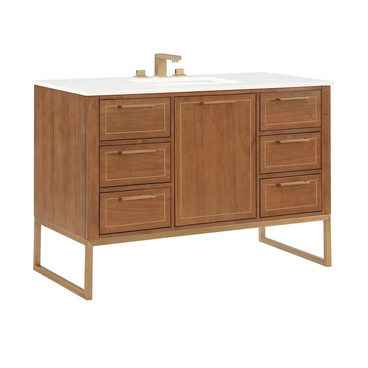 Bemma, Markham 48" Single Vanity, Walnut/Satin Brass, White Quartz Top#top-options_white-quartz-top