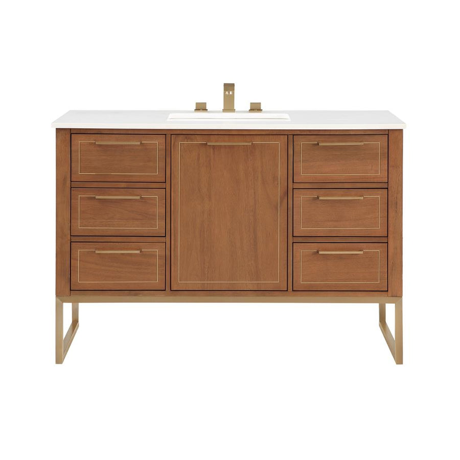 Bemma, Markham 48" Single Vanity, Walnut/Satin Brass, White Quartz Top#top-options_white-quartz-top