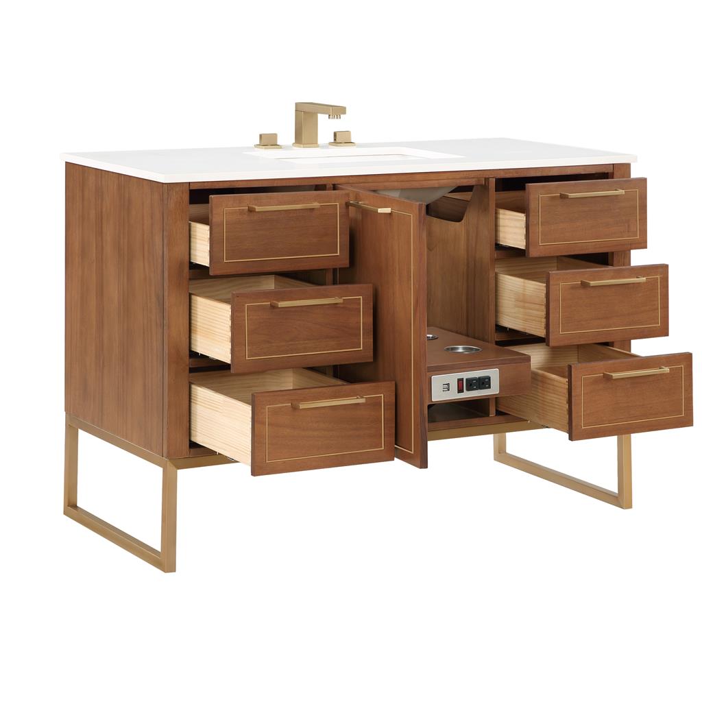 Bemma, Markham 48" Single Vanity, Walnut/Satin Brass, White Quartz Top#top-options_white-quartz-top
