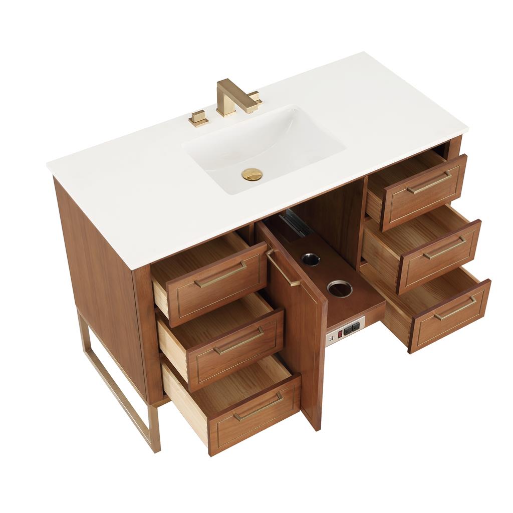 Bemma, Markham 48" Single Vanity, Walnut/Satin Brass, White Quartz Top#top-options_white-quartz-top