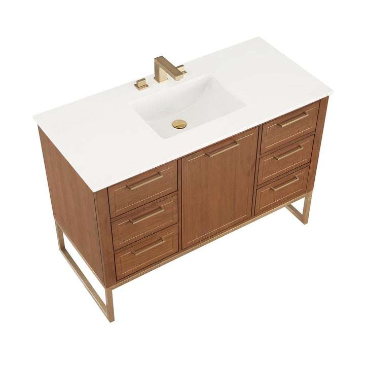 Bemma, Markham 48" Single Vanity, Walnut/Satin Brass, White Quartz Top#top-options_white-quartz-top
