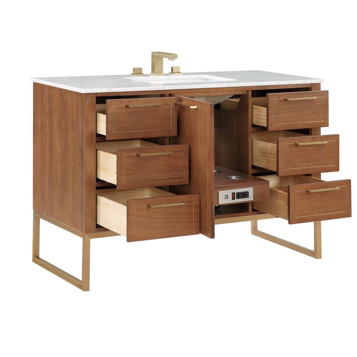 Bemma, Markham 48" Single Vanity, Walnut/Satin Brass, Carrara Marble Top#top-options_carrara-marble-top