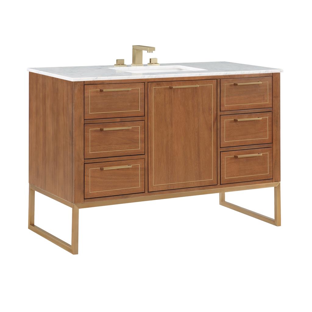 Bemma, Markham 48" Single Vanity, Walnut/Satin Brass, Carrara Marble Top#top-options_carrara-marble-top