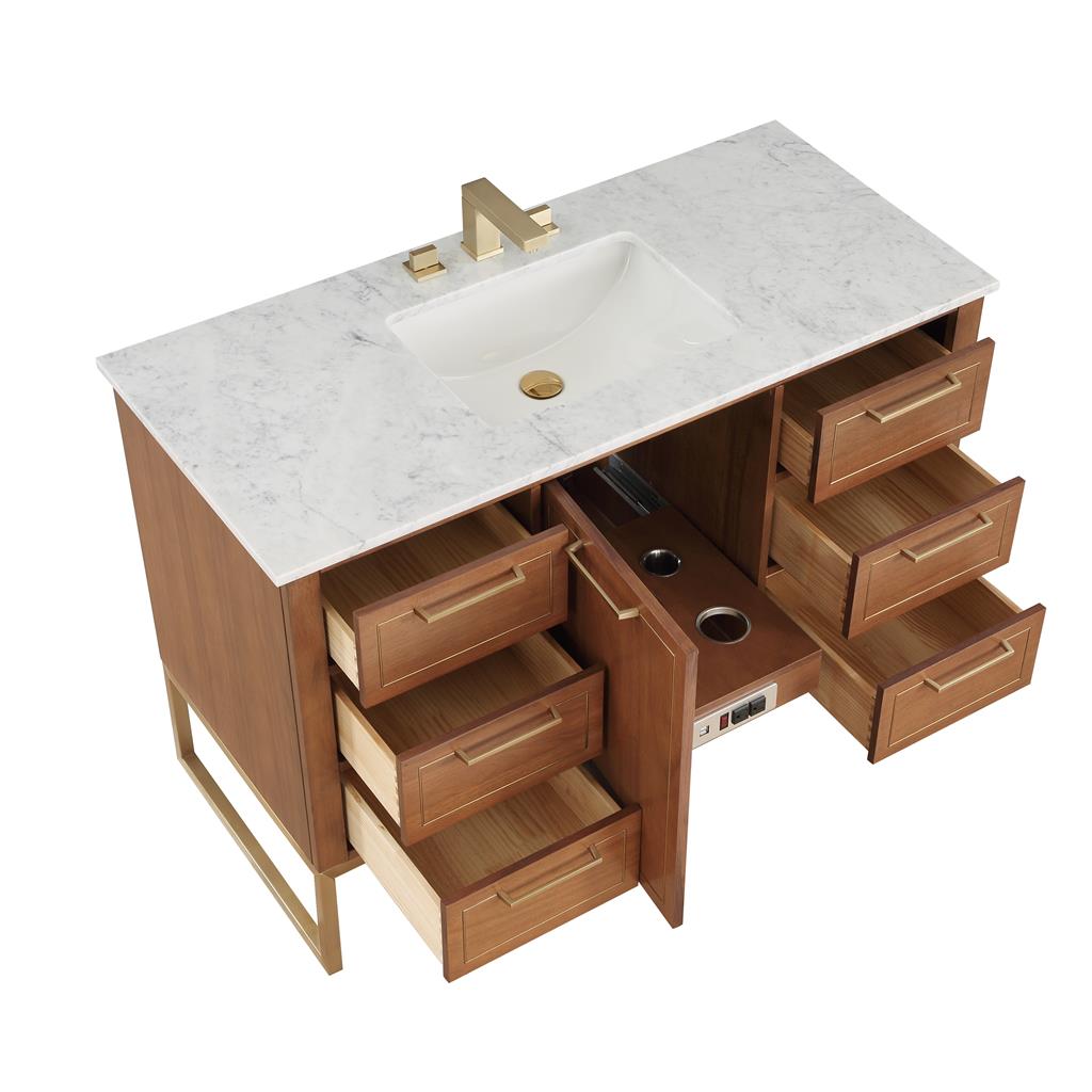 Bemma, Markham 48" Single Vanity, Walnut/Satin Brass, Carrara Marble Top#top-options_carrara-marble-top