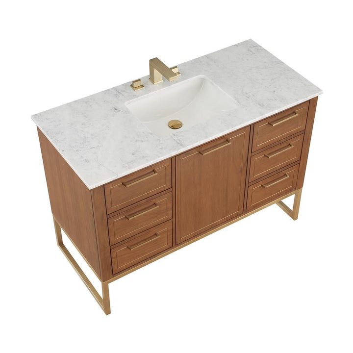 Bemma, Markham 48" Single Vanity, Walnut/Satin Brass, Carrara Marble Top#top-options_carrara-marble-top