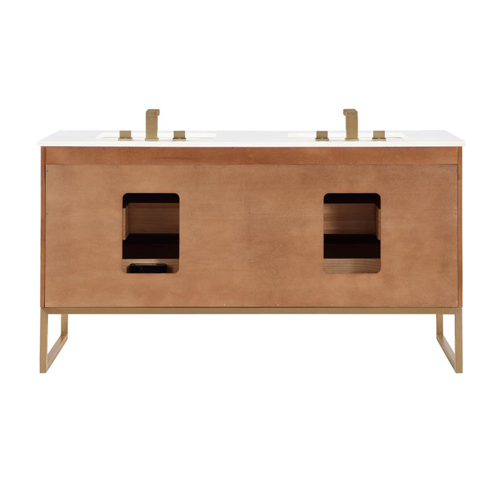 Bemma, Markham 60" Double Vanity, Walnut/Satin Brass, White Quartz Top#top-options_white-quartz-top