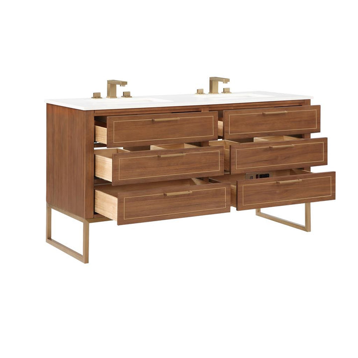 Bemma, Markham 60" Double Vanity, Walnut/Satin Brass, White Quartz Top#top-options_white-quartz-top