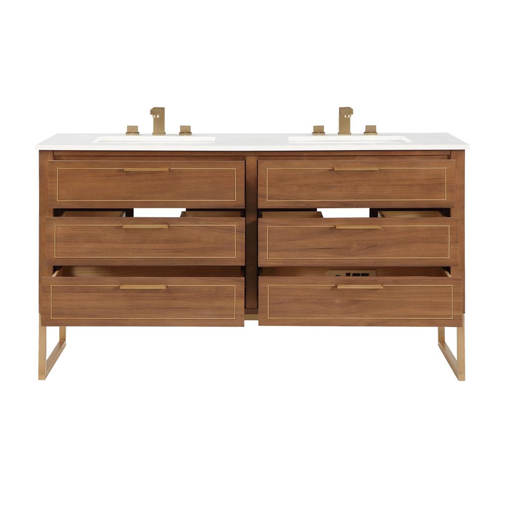 Bemma, Markham 60" Double Vanity, Walnut/Satin Brass, White Quartz Top#top-options_white-quartz-top