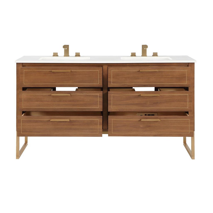 Bemma, Markham 60" Double Vanity, Walnut/Satin Brass, White Quartz Top#top-options_white-quartz-top