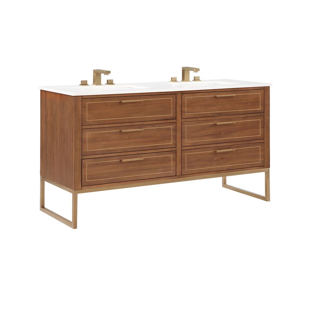 Bemma, Markham 60" Double Vanity, Walnut/Satin Brass, White Quartz Top#top-options_white-quartz-top