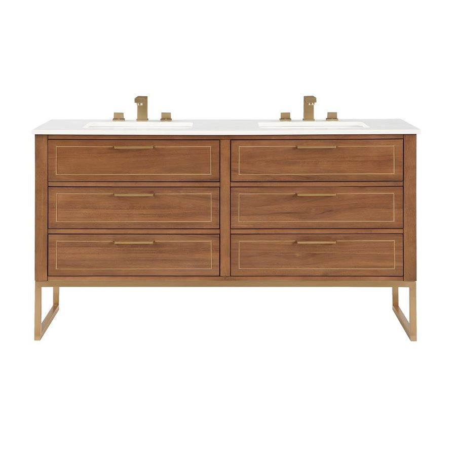 Bemma, Markham 60" Double Vanity, Walnut/Satin Brass, White Quartz Top#top-options_white-quartz-top