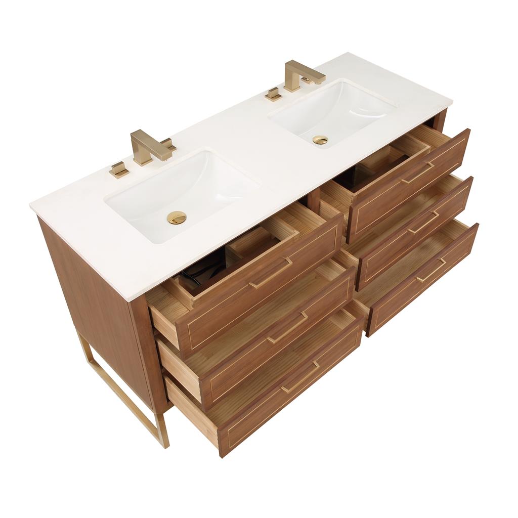 Bemma, Markham 60" Double Vanity, Walnut/Satin Brass, White Quartz Top#top-options_white-quartz-top
