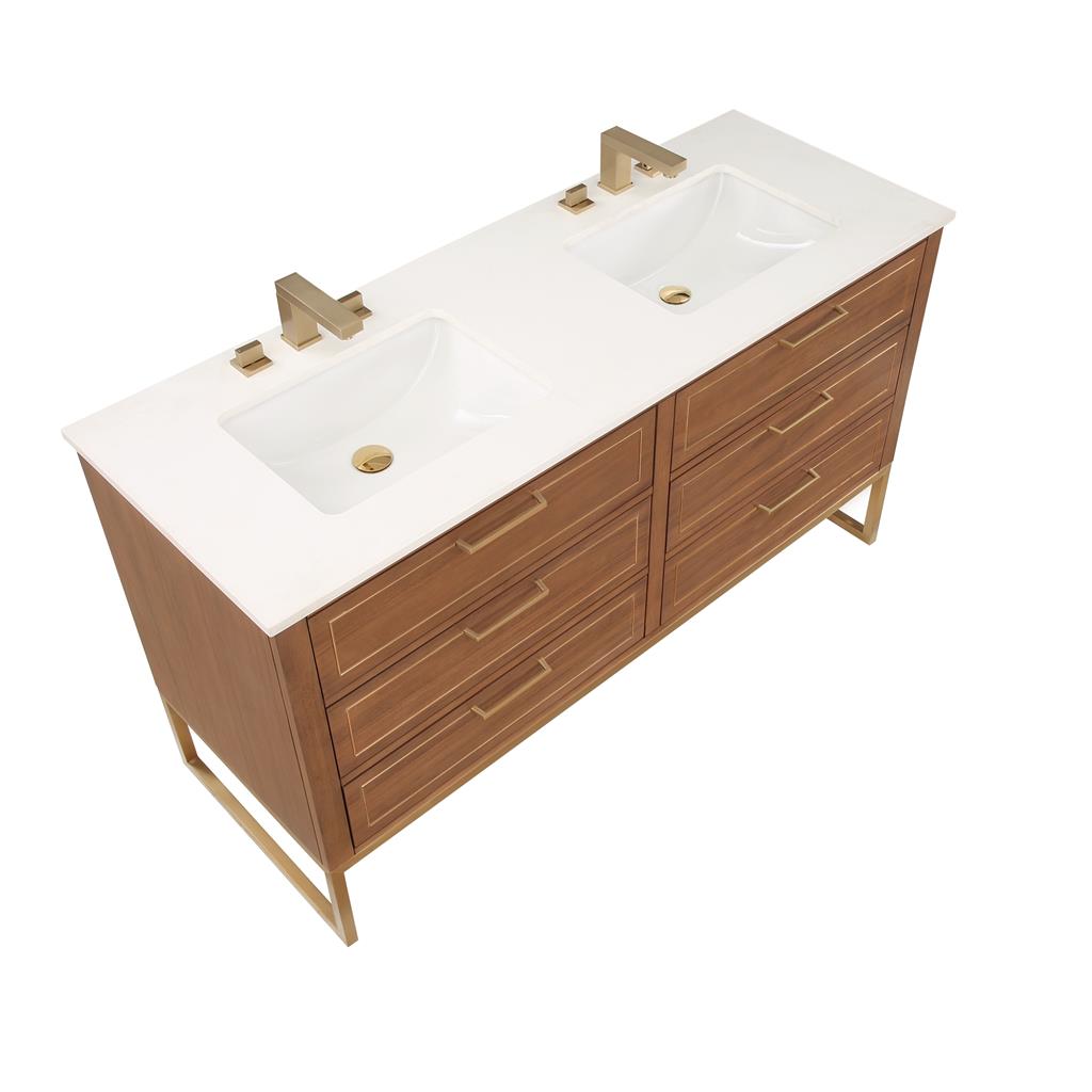 Bemma, Markham 60" Double Vanity, Walnut/Satin Brass, White Quartz Top#top-options_white-quartz-top