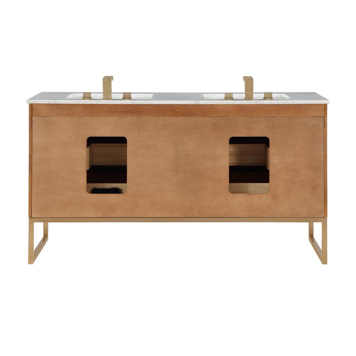 Bemma, Markham 60" Double Vanity, Walnut/Satin Brass, Carrara Marble Top#top-options_carrara-marble-top