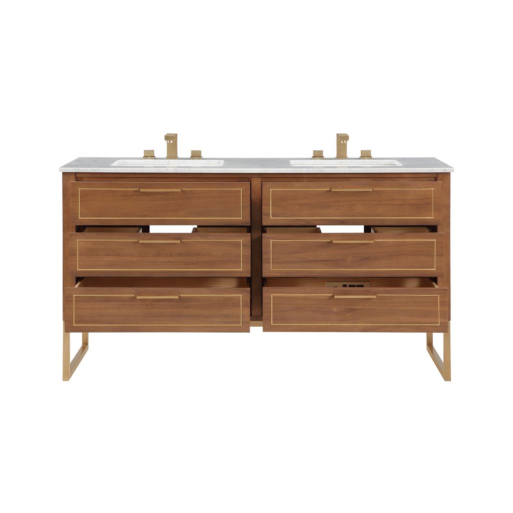 Bemma, Markham 60" Double Vanity, Walnut/Satin Brass, Carrara Marble Top#top-options_carrara-marble-top
