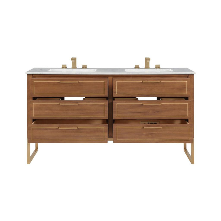 Bemma, Markham 60" Double Vanity, Walnut/Satin Brass, Carrara Marble Top#top-options_carrara-marble-top
