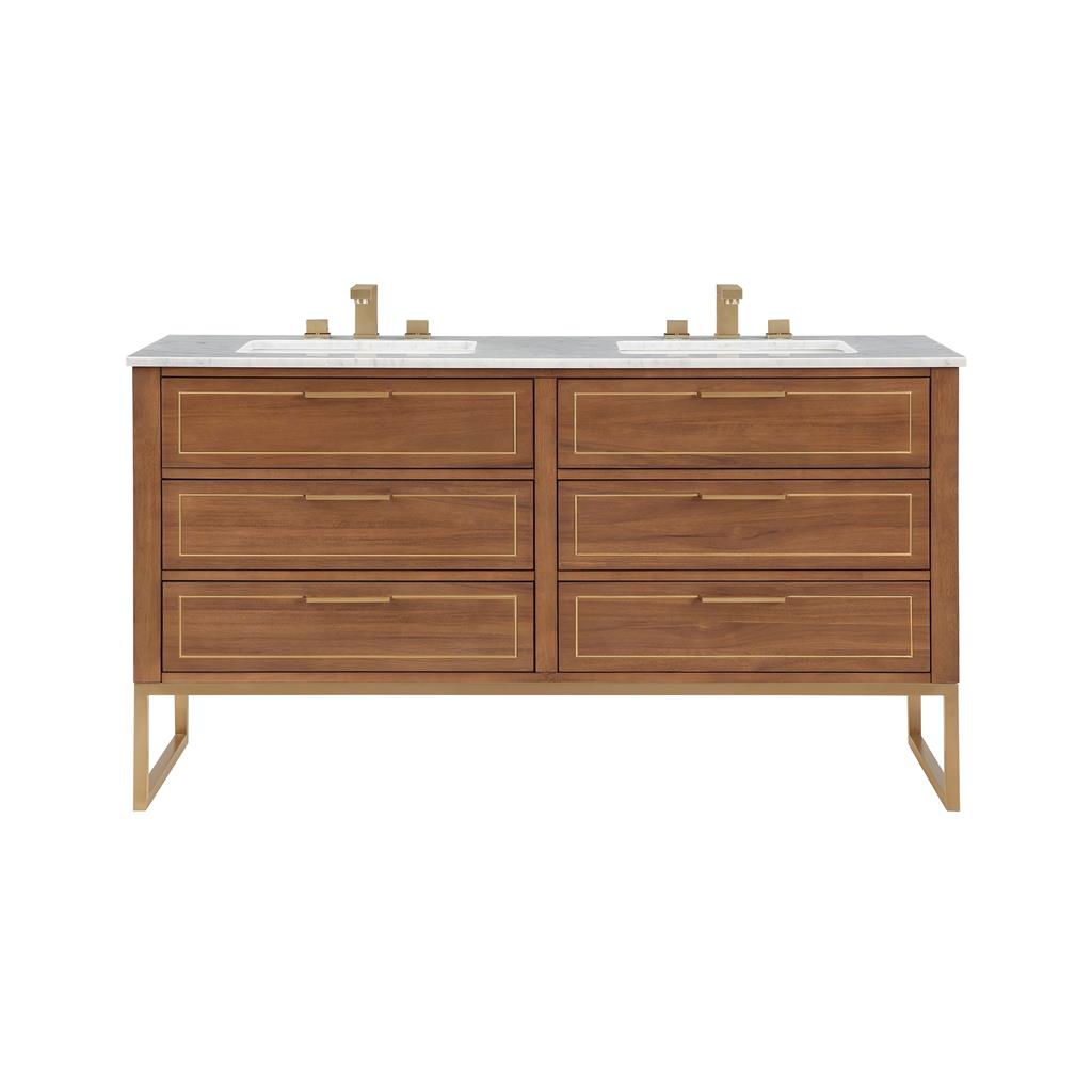 Bemma, Markham 60" Double Vanity, Walnut/Satin Brass, Carrara Marble Top#top-options_carrara-marble-top