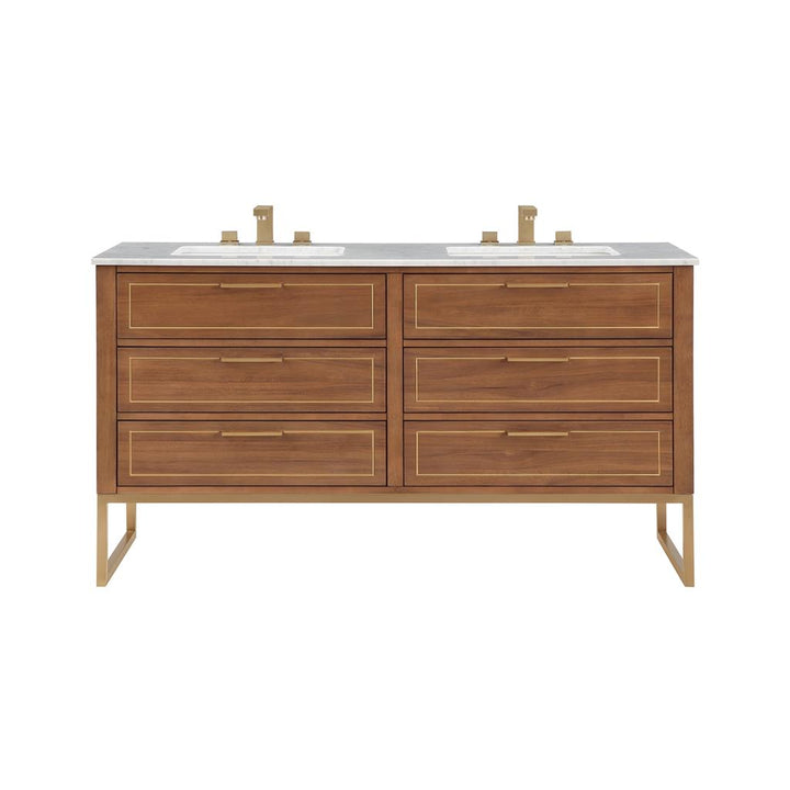 Bemma, Markham 60" Double Vanity, Walnut/Satin Brass, Carrara Marble Top#top-options_carrara-marble-top