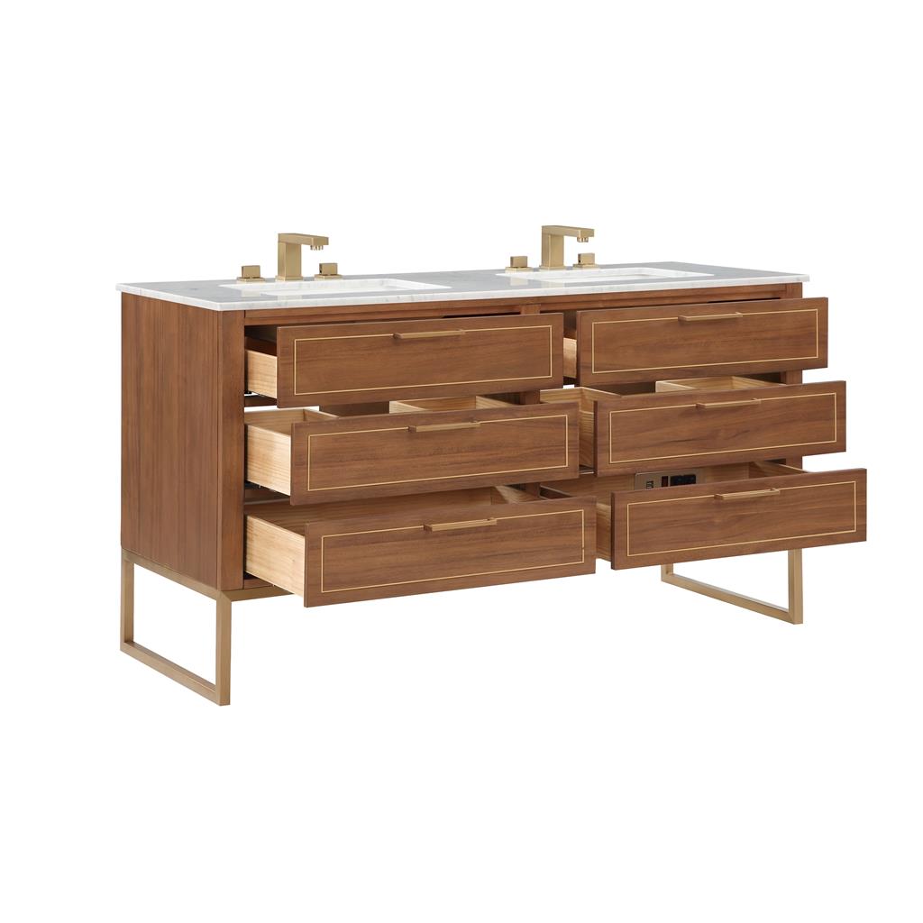 Bemma, Markham 60" Double Vanity, Walnut/Satin Brass, Carrara Marble Top#top-options_carrara-marble-top