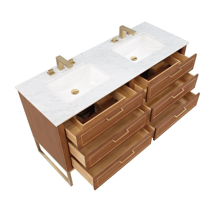 Bemma, Markham 60" Double Vanity, Walnut/Satin Brass, Carrara Marble Top#top-options_carrara-marble-top