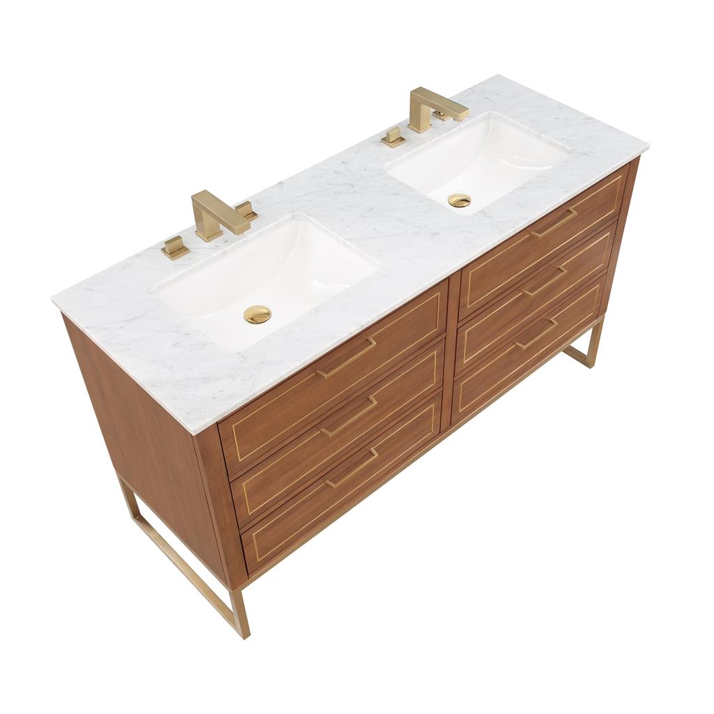 Bemma, Markham 60" Double Vanity, Walnut/Satin Brass, Carrara Marble Top#top-options_carrara-marble-top