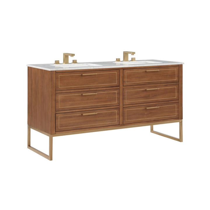 Bemma, Markham 60" Double Vanity, Walnut/Satin Brass, Carrara Marble Top#top-options_carrara-marble-top