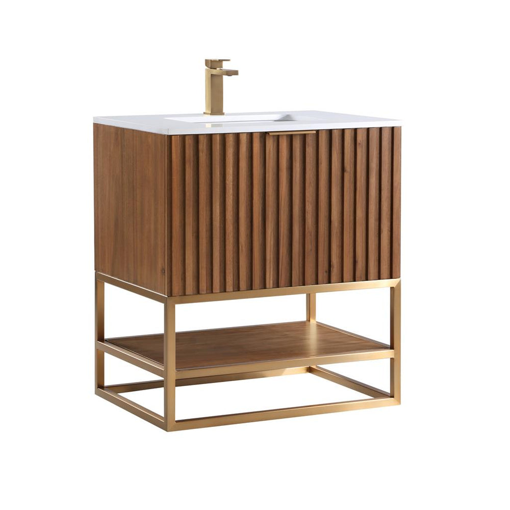 Bemma, Terra 30" Single Vanity, Walnut/Satin Brass, White Quartz Top#top-options_white-quartz-top