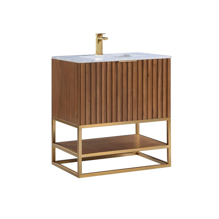 Bemma, Terra 30" Single Vanity, Walnut/Satin Brass, Carrara Marble Top#top-options_carrara-marble-top