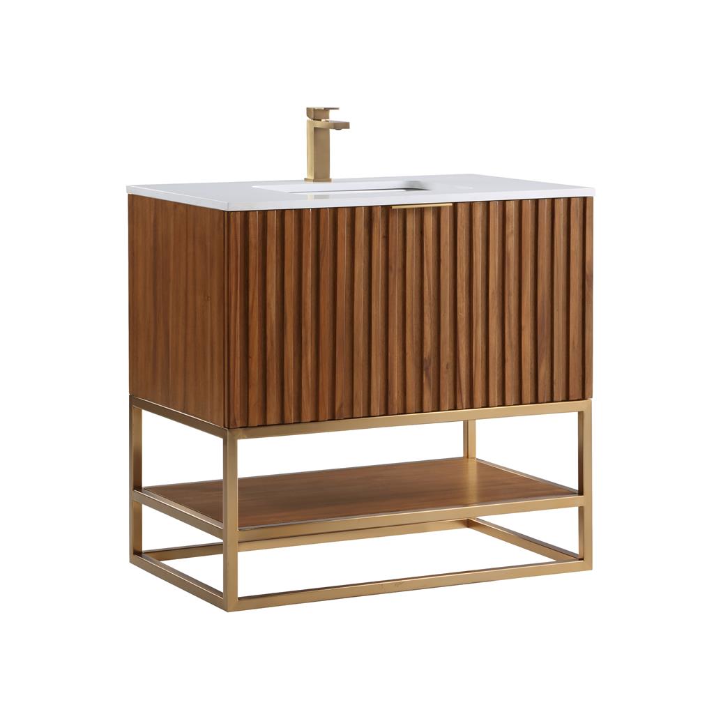 Bemma, Terra 36" Single Vanity, Walnut/Satin Brass, White Quartz Top#top-options_white-quartz-top