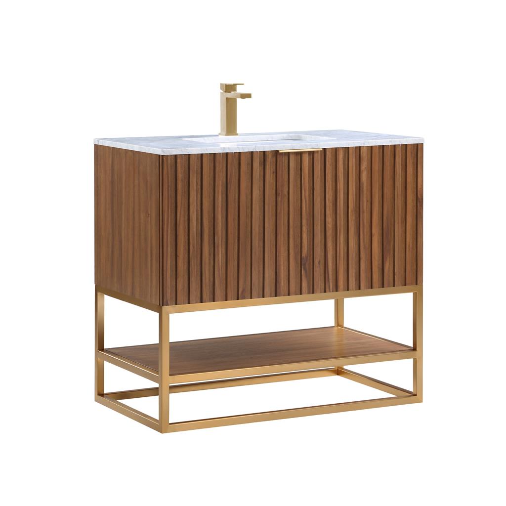 Bemma, Terra 36" Single Vanity, Walnut/Satin Brass, Carrara Marble Top#top-options_carrara-marble-top