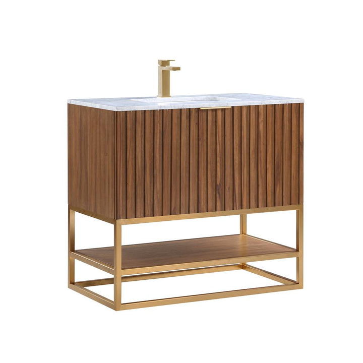 Bemma, Terra 36" Single Vanity, Walnut/Satin Brass, Carrara Marble Top#top-options_carrara-marble-top